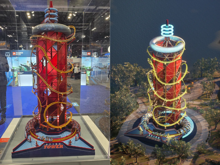 Landmark ride tower at IAAPA Expo 2025, illustrating vertical coaster concepts and creative ride layouts