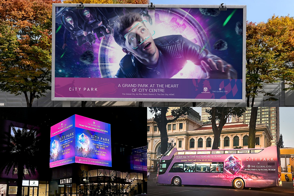 A collage of "City Park" advertisements featuring a futuristic VR experience, including a large roadside billboard, a digital 3D corner display, and a branded double-decker bus