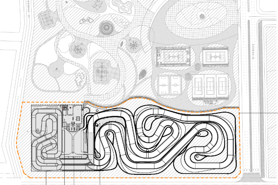 A technical architectural blueprint and site plan focusing on the intricate multi-level design of a professional go-karting circuit