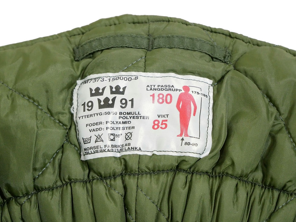 サムネイル： スウェーデン軍 M90 寒冷地用 オーバーパンツ OG 33～36in 中古上 表記H180-85kg