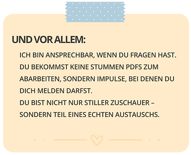Kachel mit dem Titel „Und vor allem“. Es wird betont, dass man bei selbst.wenn nicht allein ist: Lisa ist ansprechbar, es gibt keine stummen PDFs, sondern echten Austausch. Der Leser ist nicht nur stiller Zuschauer, sondern Teil einer Gemeinschaft.