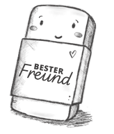 Handgezeichnete Illustration eines niedlich lächelnden Radiergummis mit Wangenrötung. Auf dem Körper steht „Bester Freund“ in verspielter Typografie – ein liebevoller Verweis auf das unverzichtbare Hilfsmittel beim Zeichnen.