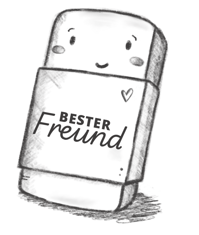 Handgezeichnete Illustration eines niedlich lächelnden Radiergummis mit Wangenrötung. Auf dem Körper steht „Bester Freund“ in verspielter Typografie – ein liebevoller Verweis auf das unverzichtbare Hilfsmittel beim Zeichnen.