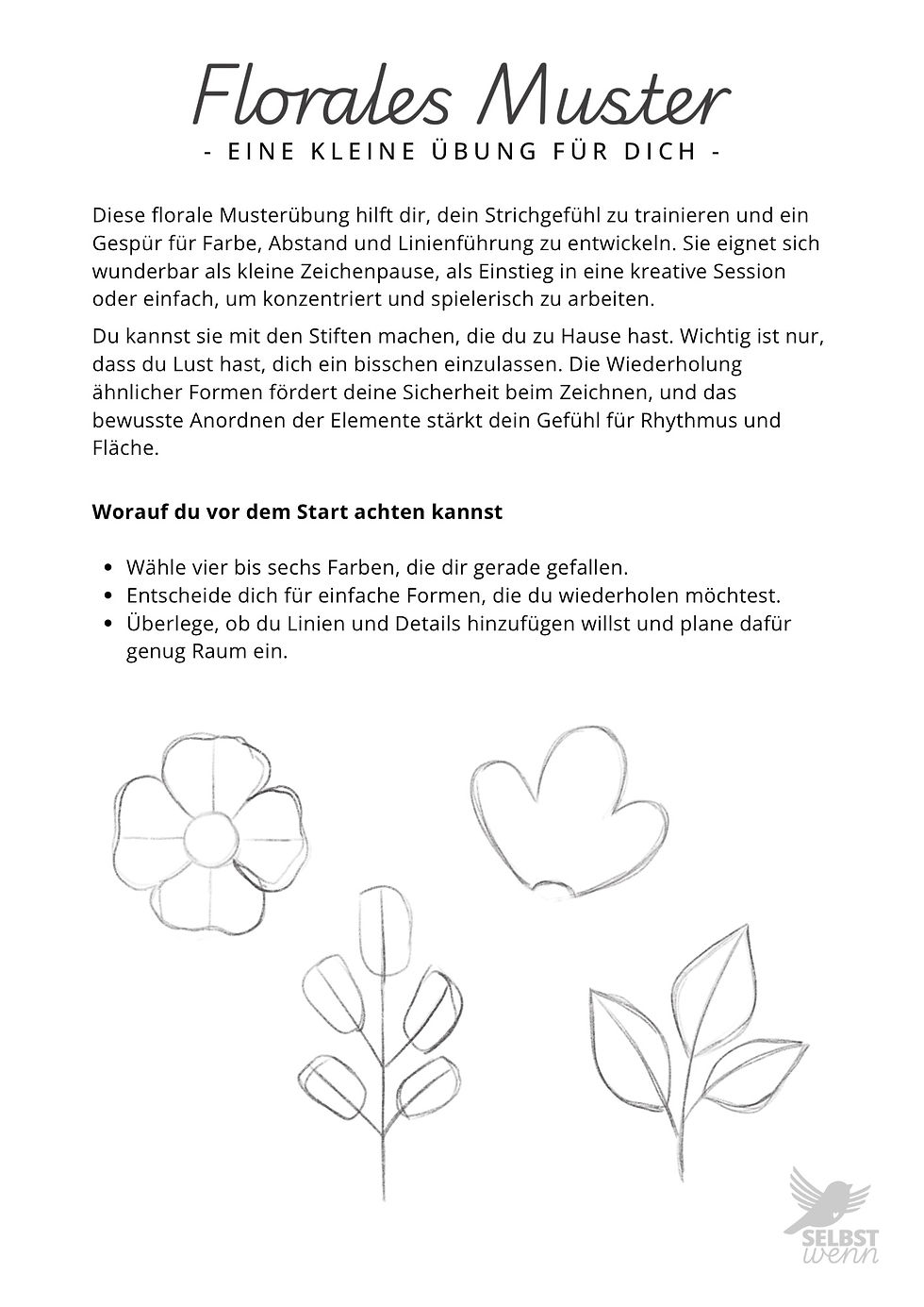 Erste Seite der Zeichenübung „Florales Muster“ zum kostenlosen Download. Enthält eine Anleitung zur Übung sowie Beispielskizzen von Blüten und Blättern zum Nachzeichnen.