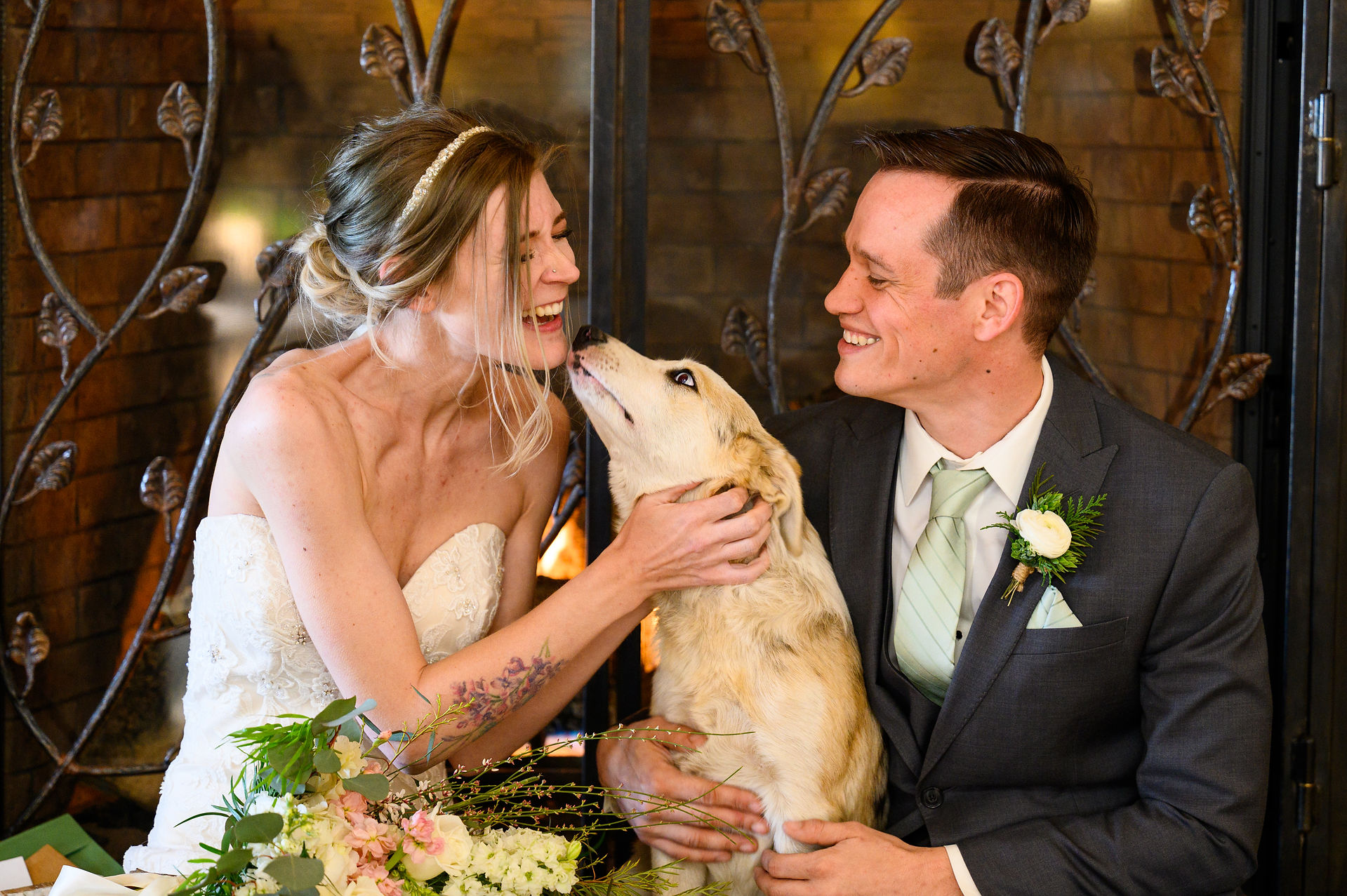 Colorado couple with their dog on their wedding day