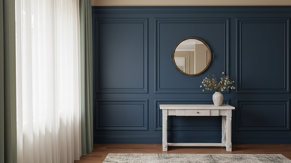 Close-up view of geometric wainscoting panels painted in deep navy blue