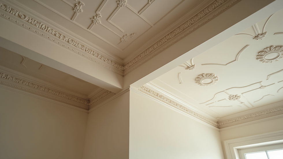 Close-up view of ornate crown molding integrated with a coffered ceiling