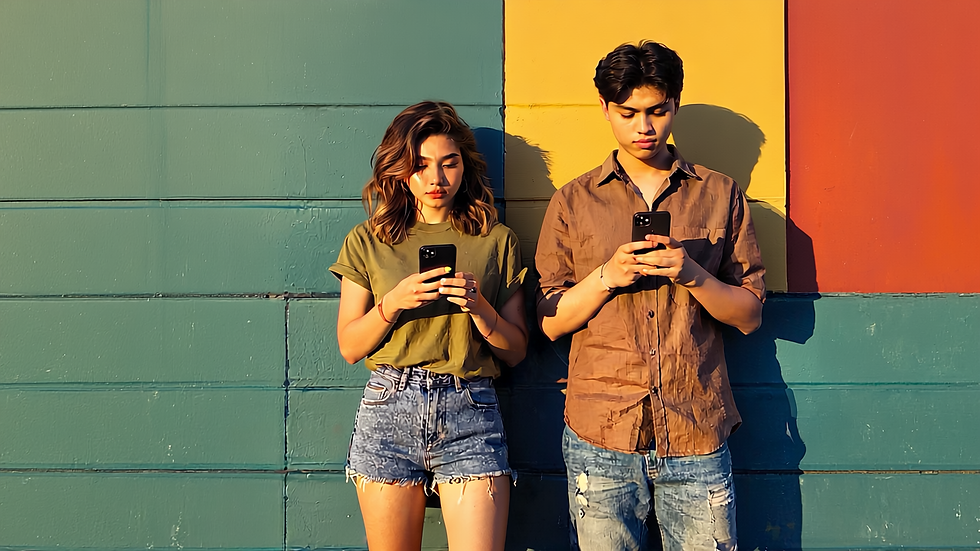Two people standing against a colorful wall with green, yellow, and red sections, both loo