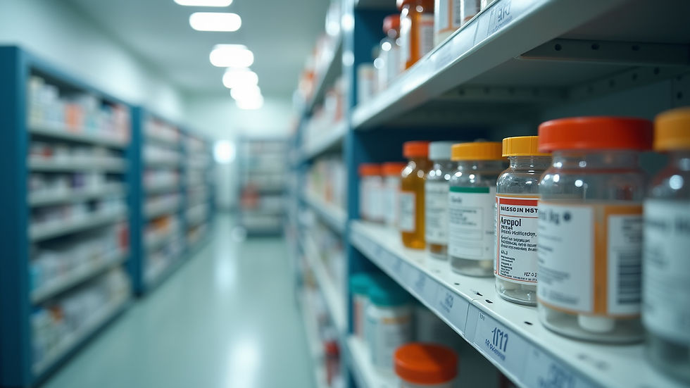 Eye-level view of a pharmacy shelf with various medication bottles