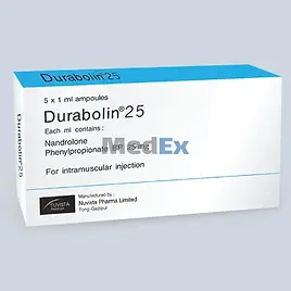 Förpackning av Durabolin 25, intramuskulär injektion, 5 x 1 ml ampuller. Vit och blå design, tillverkad av Nuvista Pharma.
