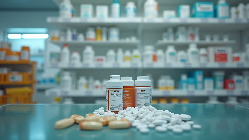 Eye-level view of a pharmacy shelf with various medications