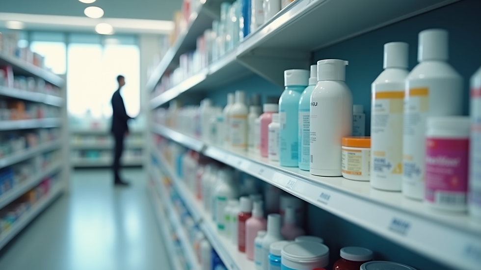 Eye-level view of a modern pharmacy shelf with various health products