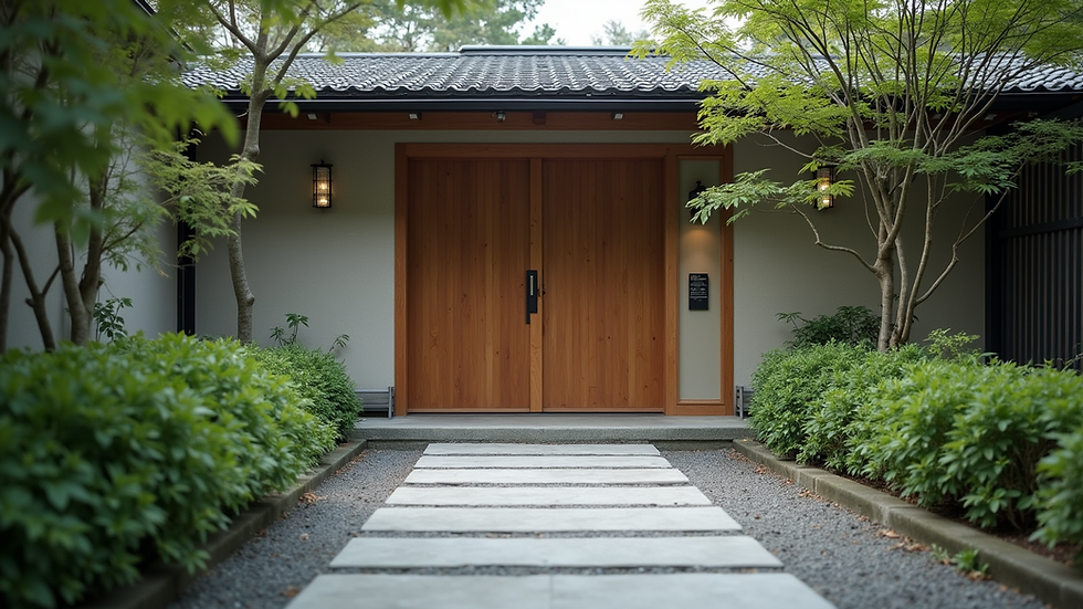 Eye-level view of a modern Japanese house entrance with a wooden gate and stone pathway