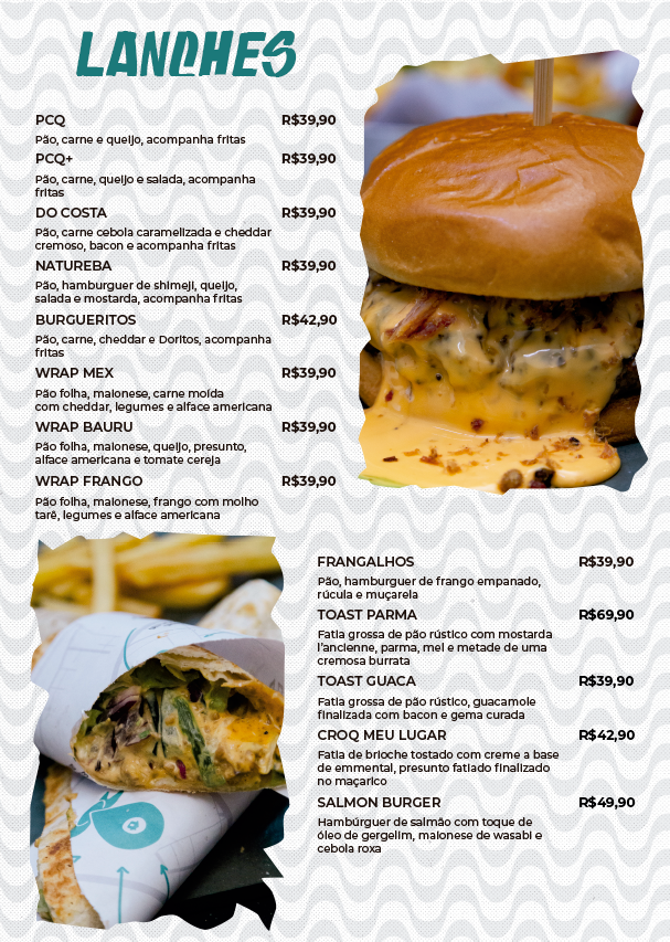 Cardápio Lanches com hambúrguer duplo e wrap.