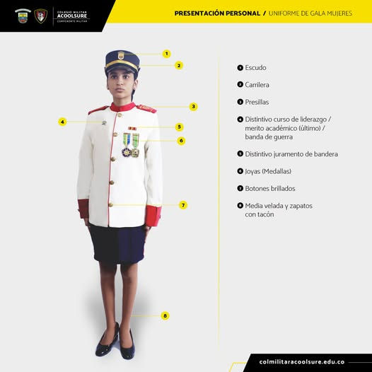 Joven mujer con uniforme del Colegio Militar Acoolsure, texto descriptivo. Perfil