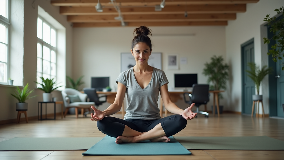 Eye-level view of a yoga instructor guiding a single employee in an office setting
