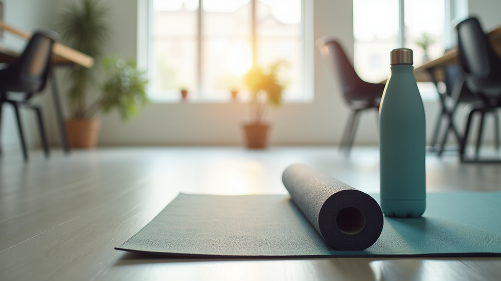 Eye-level view of a yoga mat and water bottle in a bright office space