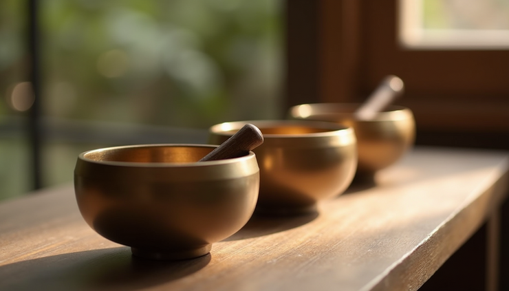 Close-up view of singing bowls arranged on a wooden surface, softly glowing in natural light