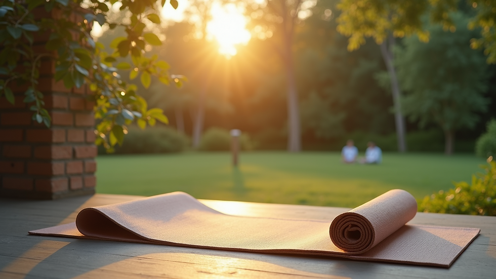 High angle view of a peaceful outdoor meditation spot with a yoga mat