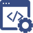 "Icon of a web browser window with coding brackets and a gear, symbolizing web development or software configuration