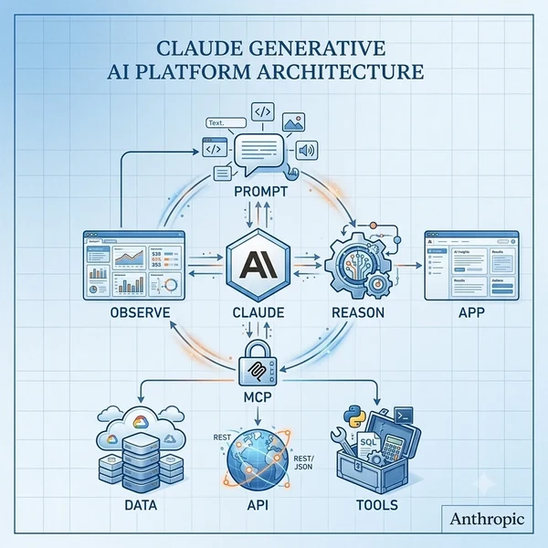 GenAI using Claude — Netsetos program hero, blueprint schematic style