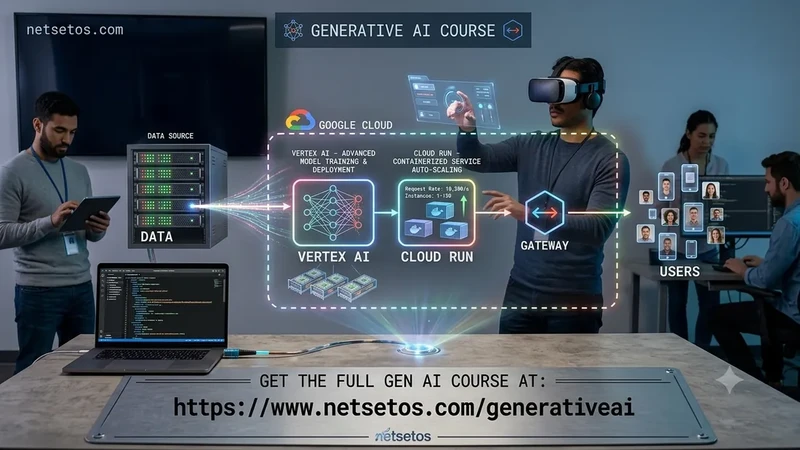 GenAI with GCP — Netsetos program hero, blueprint schematic style