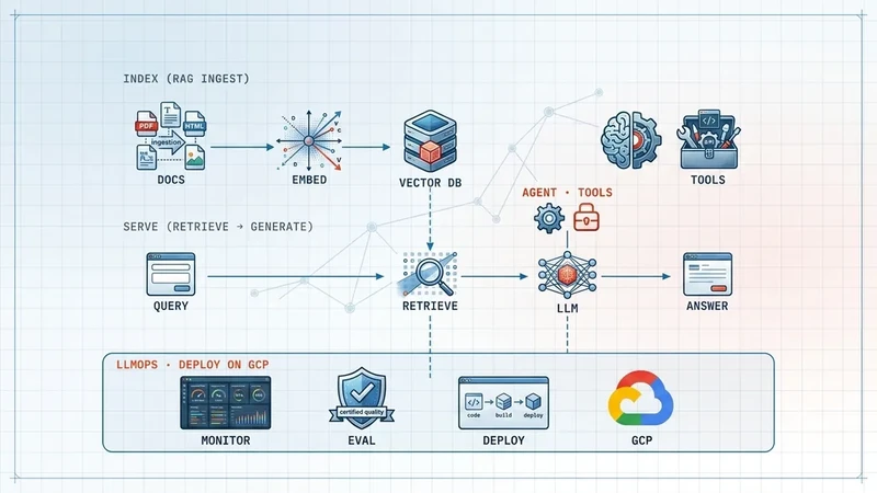 GenAI Engineering: Build, Scale & Deploy AI Systems - Netsetos program hero, blueprint schematic style