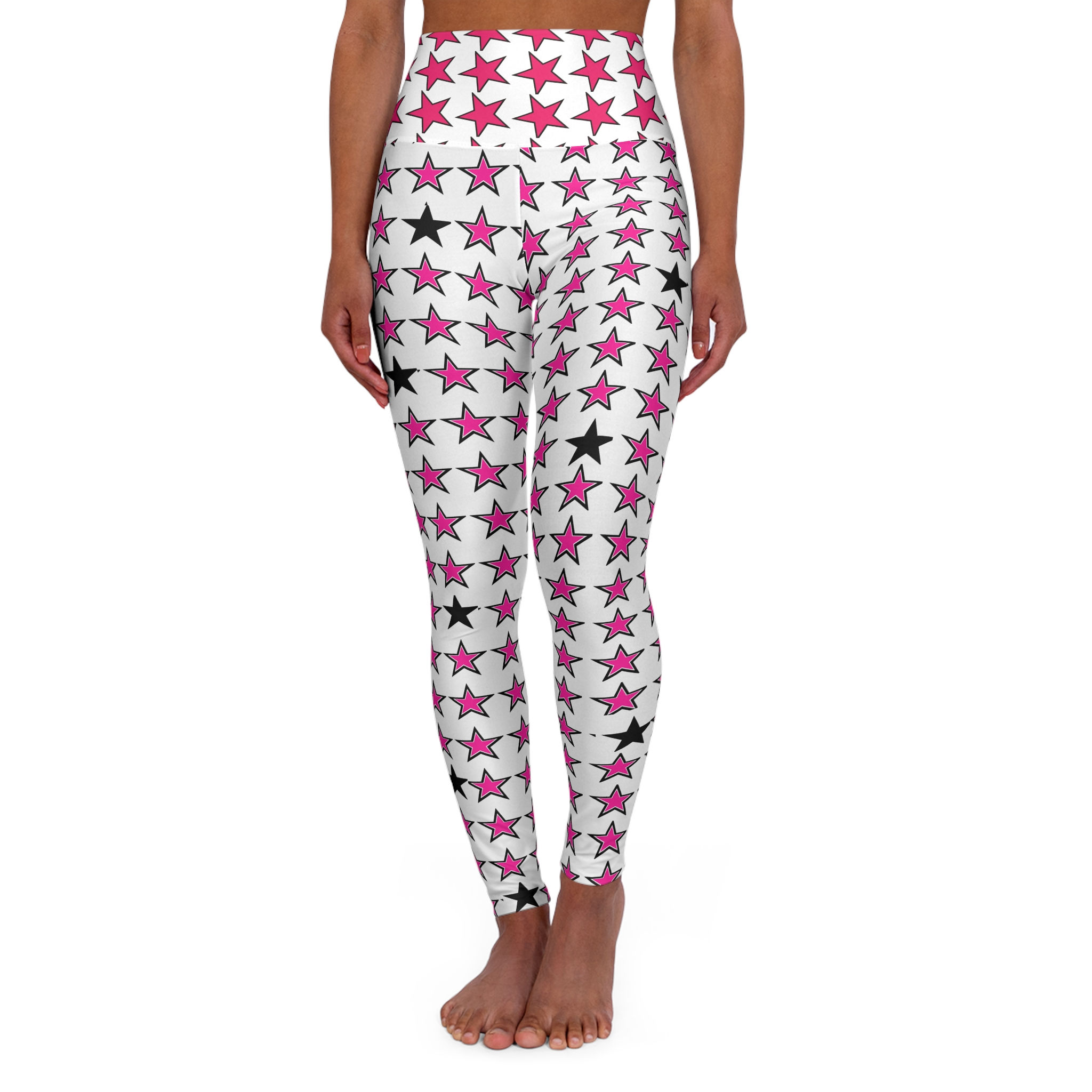 Starburst High-Waist Yoga Leggings — Pink & Black Star All-Over Print