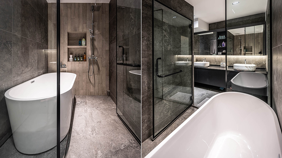 It leads directly to the new master bathroom, which was extended by about 2 ft to fit the bathtub and double sinks.