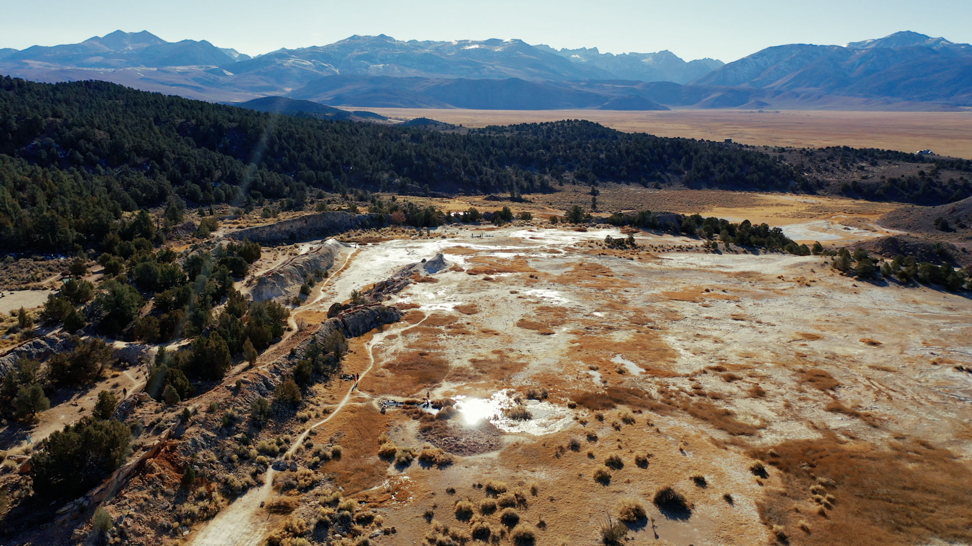 An aerial landscape view of the natural landscape of Bridgeport, California on the Travertine Hot Springs episode of Sauna Channel