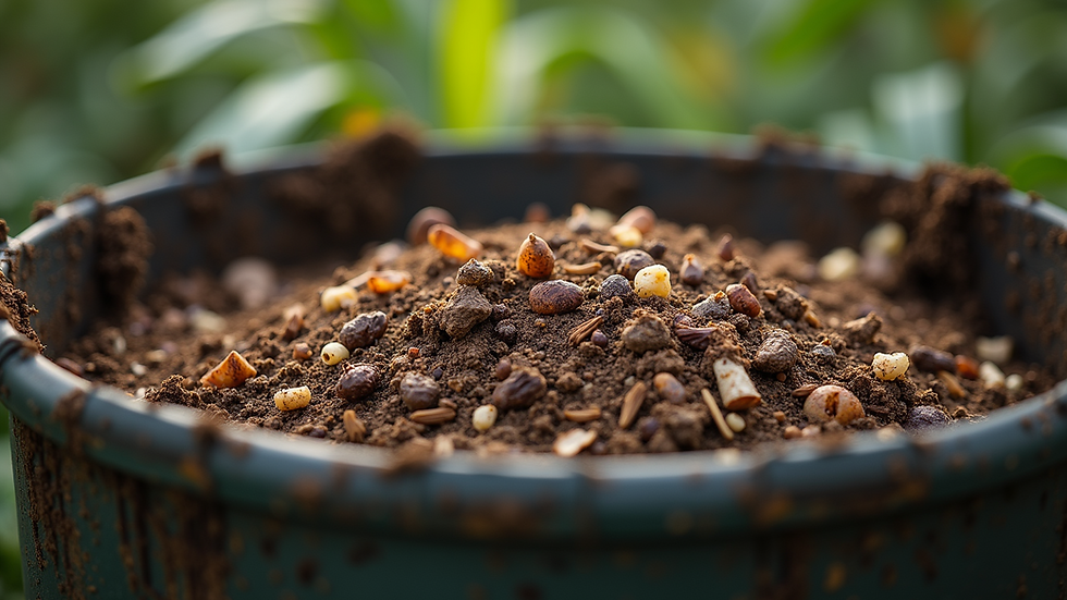 Close-up view of compost bin with decomposing organic waste