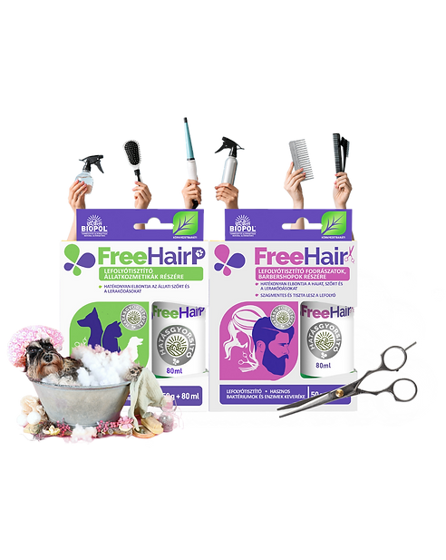 Szépségipari enzimes termékcsalád: FreeHair és FreeHairP, fürdő kutyával, fodrász kellékekkel