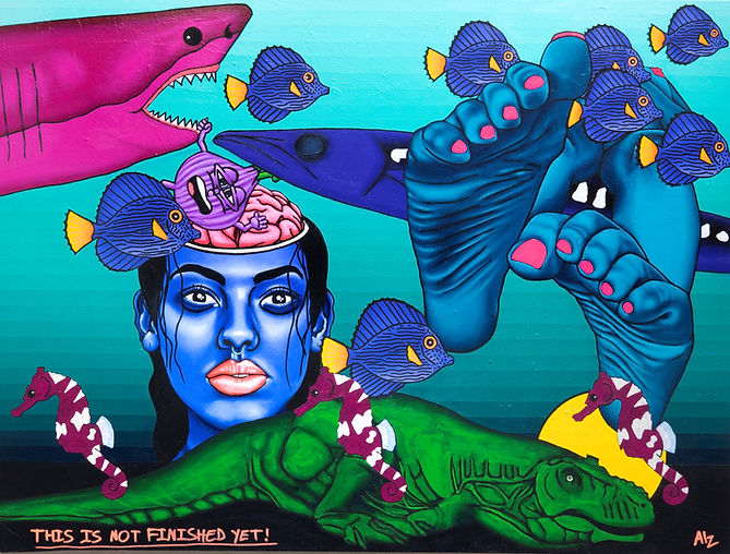 Painting by ALZ titled ‘Not Finished’ featuring bold figurative composition and expressive brushwork on a dark background.