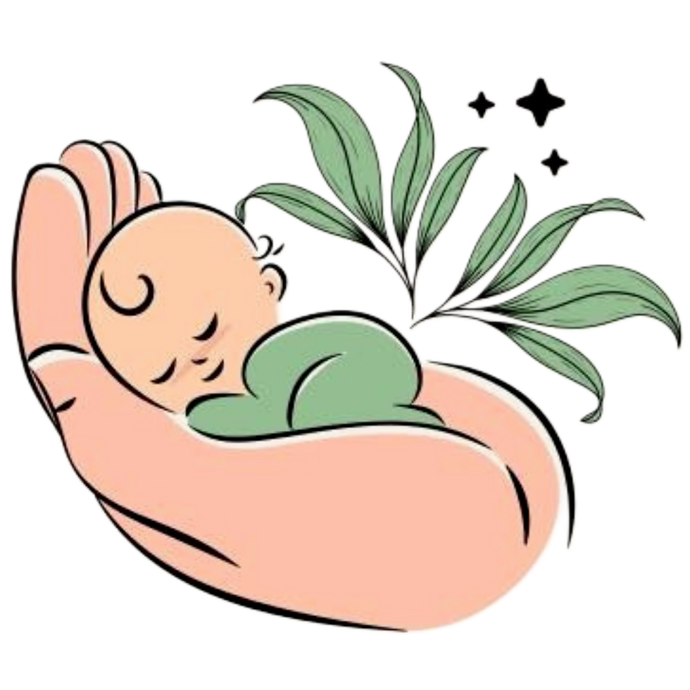 Hand cradling a sleeping baby with leaves