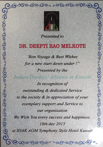 Dr. Deepti Rao Melkote award with text from Indian Doctors Citizens Kuwait.