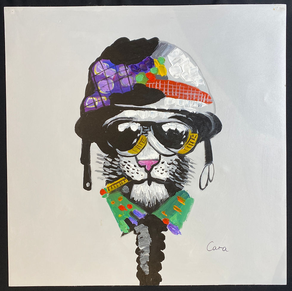 Thumbnail: Private Furball is a colourful oil painting of a lion wearing a helmet, sunglasses and smoking a cigar.