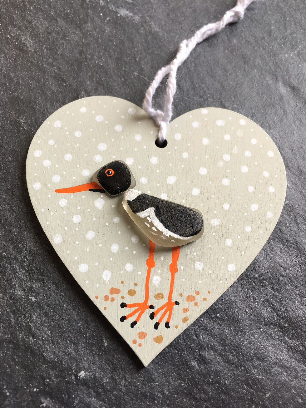 Oystercatcher heart shape sea glass & wood Christmas tree hanging decoration