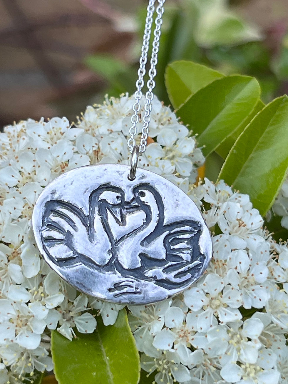 Thumbnail: Swan pair, swan necklace, swans, recycled silver pendant, waterfowl, silver bird