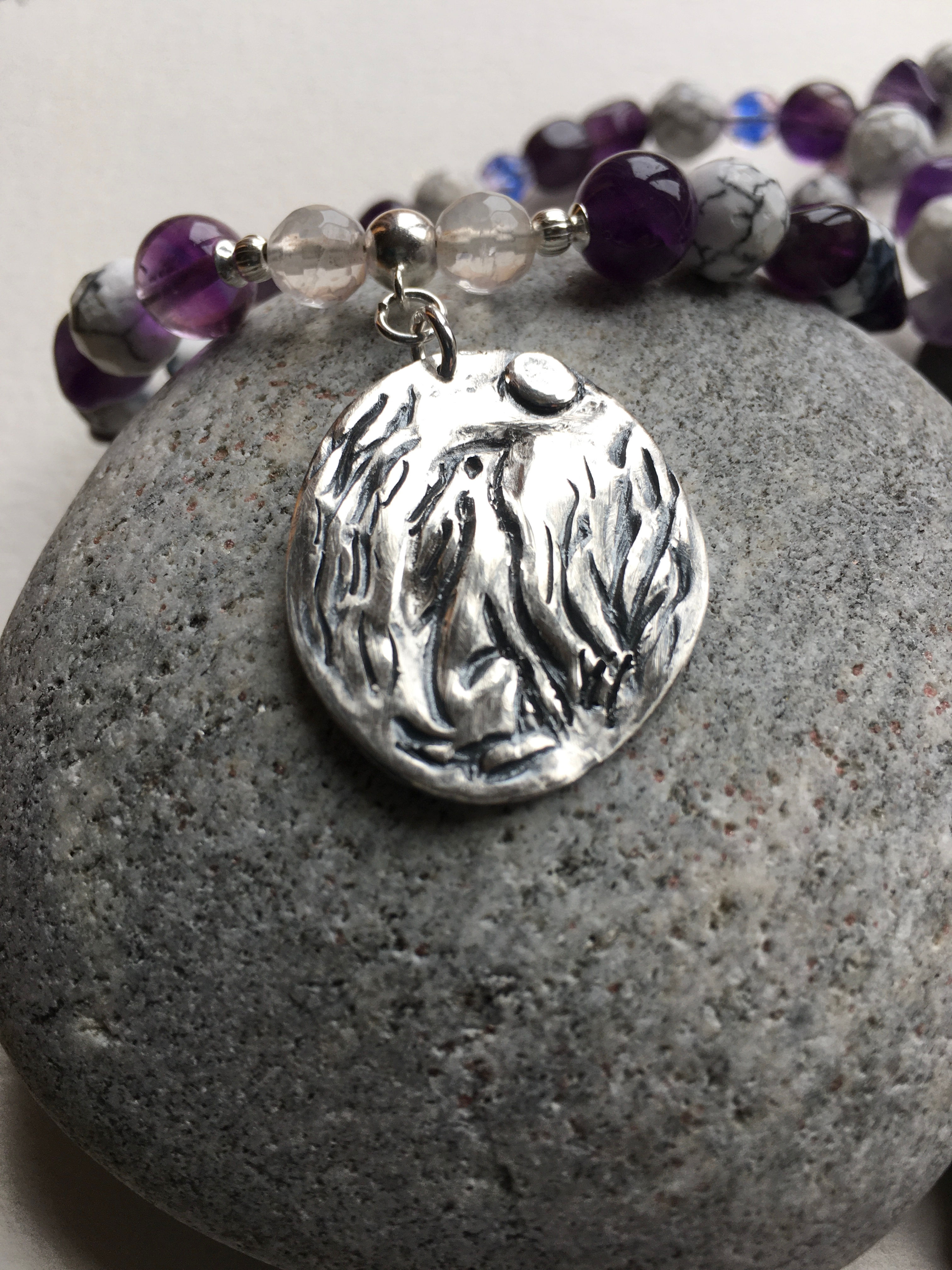 Hare necklace, moon gazing hare, semi precious stone necklace