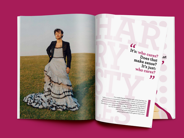 Open magazine pages with Harry Styles article design