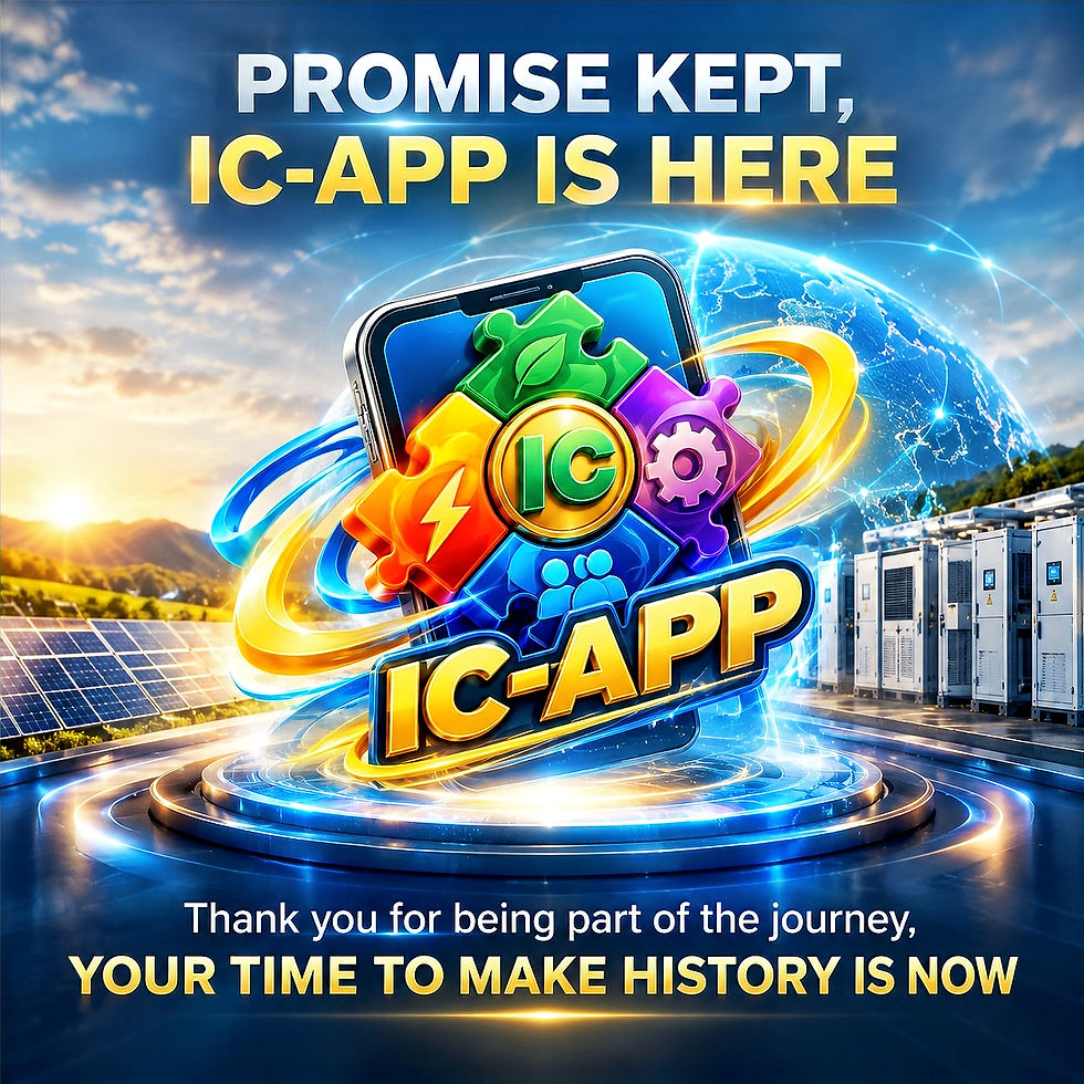IC-APP launch visual featuring the Integration Coefficient IC Business Model at the center of a global energy technology environment, with power quality, backup, storage and solar solutions, and the headline “PROMISE KEPT, IC-APP IS HERE” and subtitle “YOUR TIME TO MAKE HISTORY IS NOW.”