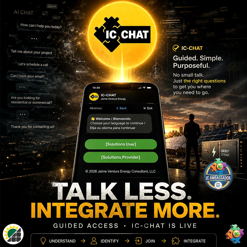 Futuristic IC-CHAT promo with glowing sun, smartphone chat app, solar panels, and text: Talk Less. Integrate More. Include company, IC and IC-Ambassador logos. 