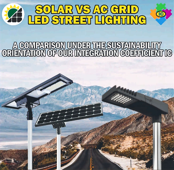 Solar and LED street lights with a mountain backdrop. Text: "Solar vs AC Grid LED Street Lighting..." in bold yellow and white.
