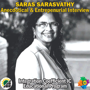 Smiling woman in a blazer featured in a grayscale image with yellow text: "SARAS SARASVATHY, Anecdotical & Entrepreneurial Interview." Subtitle: Integration Coefficient IC Educational Program.