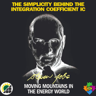 Stylized image of Steven Jobs in glasses, set against a dark background. Text: "The Simplicity Behind the Integration Coefficient IC" and "Moving Mountains in the Energy World." emulating words of this emblematic figure.