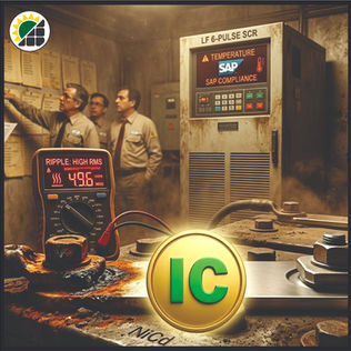 The scene depicts a room housing a three-phase UPS equipped with a 6-pulse charger—a configuration that generates high ripple current. The accompanying NiCd batteries are in a deplorable state due to the stress inflicted upon them by this type of charger, which was specified by an obsolete SAP system. A group of technicians or engineers examines a stack of documents, attempting to explain the situation—documents that will, moreover, form part of an upcoming procurement for this very same inefficient solution, as the organization continues to rely on the same SAP system. The IC seal gleams upon the batteries, serving as a stark warning that it is high time to do things differently.