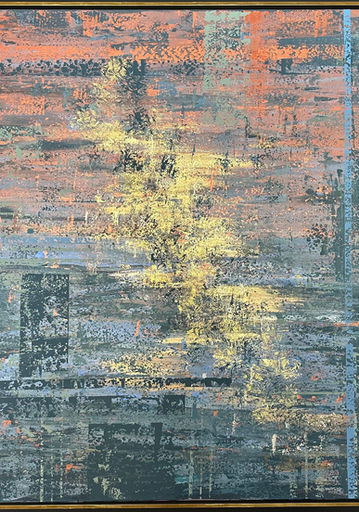 A large square abstract painting with gold leaf in the middle featuring colors found in the Palm Desert of California, blue, sage green, coral, red.