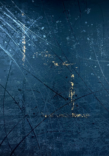 Photo is of a large, mostly black painting with gold lines in the middle and dark black swoops from the top left corner down to the bottom right.