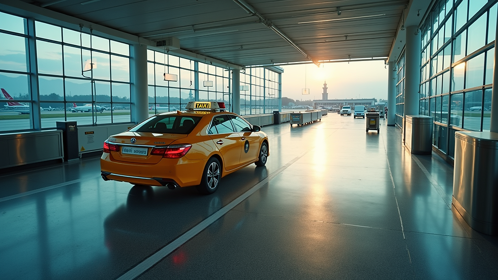 High angle view of a taxi waiting outside a modern airport terminal
