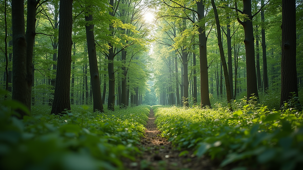 Eye-level view of a dense forest with healthy trees and clear undergrowth